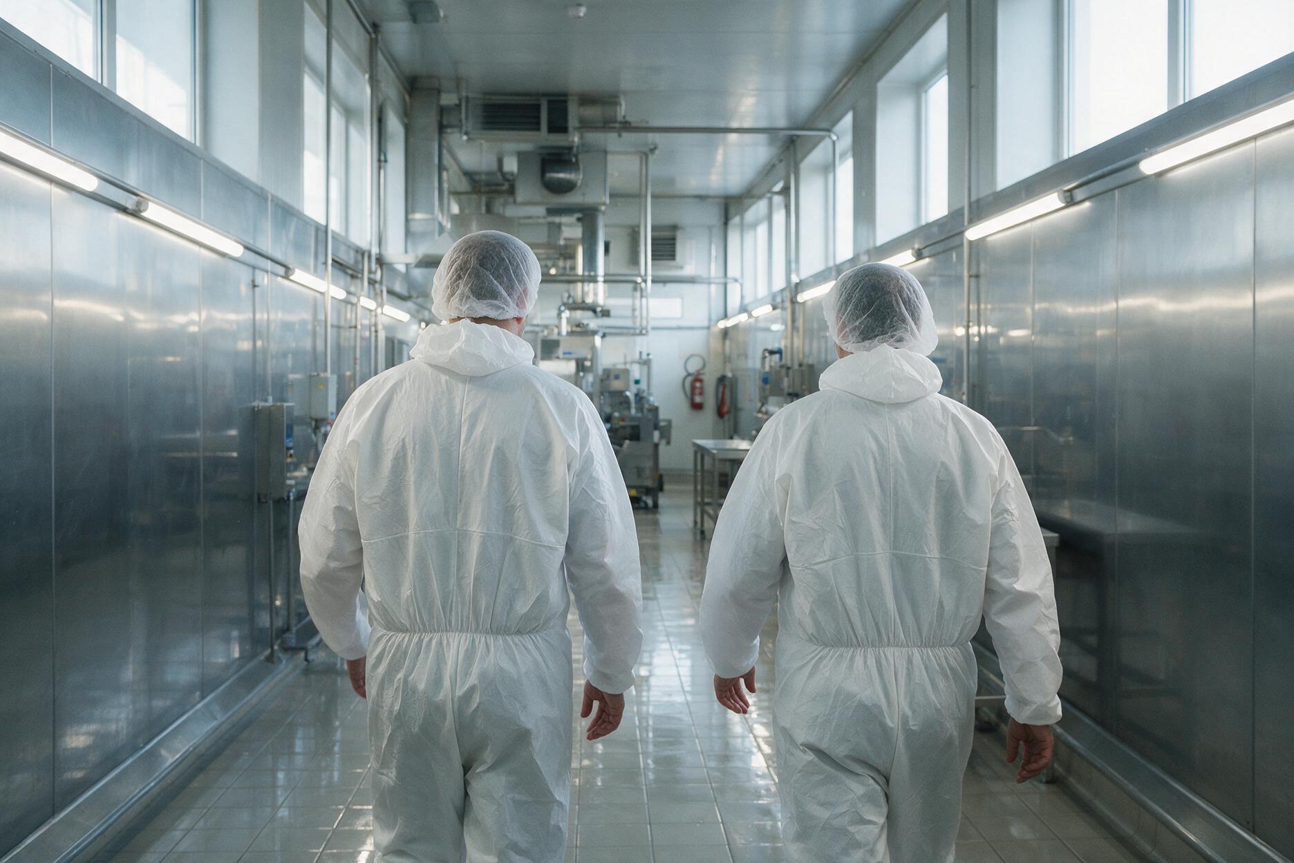 Zwei Mitarbeitende in Hygieneschutzkleidung in einem Lebensmittelbetrieb